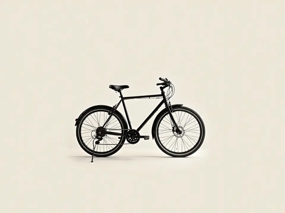 A black bicycle photographed side-on against a warm cream background, small in a wide frame